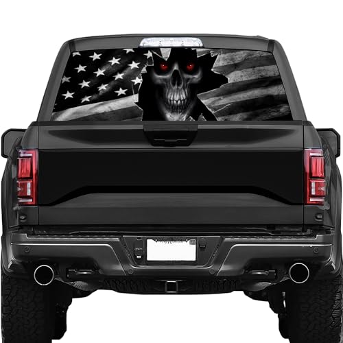 Image of Skull American Flag Rear Window Decal for Truck,Black Flag Skull Truck Rear Window Decal,American Flag Decals for Truck Car SUV (Skull,65x17in)