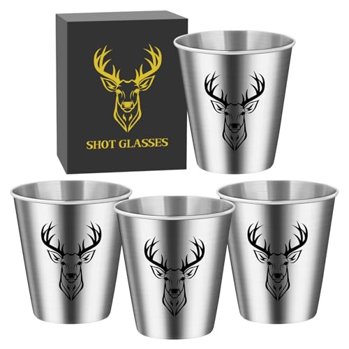 Deer Head Shot Glasses Bulk Set of 4 with Gift Box for Men Women, Stainless Steel Shot Glass Drinking Tumbler, Stag Hunting Gifts for Hunters, Small 70Ml Shot Cups for Whiskey Tequila Vodka, Silver