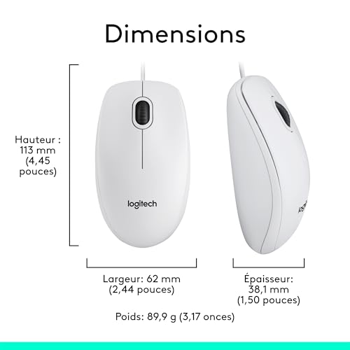Logitech M100 Souris USB Filaire, 3 Boutons, 1000 PPP, Suivi Optique, Ambidextre, Compatible avec PC, Mac, Ordinateur Portable - Blanc