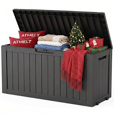 ATMELT Outdoor Storage Box, 90 Gallon Resin Deck Box, Lockable Indoor Outdoor Waterproof Storage Bins With Bottom Wheels for Patio Cushions, Gardening Tools, Black
