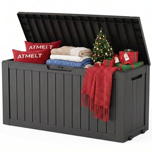 ATMELT Outdoor Storage Box 100 Gallon Resin Deck Box Lockable Indoor Outdoor Waterproof Storage Bins With Bottom Wheels for Patio Cushions Gardening Tools Black