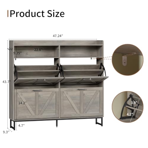 Image of Shoe Cabinet with 4 Flip Drawers, Freestanding Hidden Shoe Storage Organizer for Entryway, Narrow Slim Shoe Rack Cabinet with Open Storage & Hooks for Front Door Entrance, Living Room, Hallway, Grey