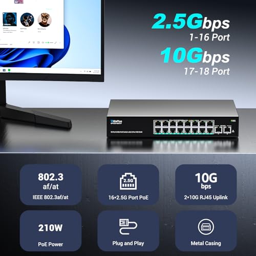 Image of 18-Port 10Gb Unmanaged PoE Ethernet Switch with 16*2.5G Base-T PoE Ports, 2*10G RJ45 Ports. 120Gbps Switching Capacity, GiGaPlus 10Gbps Network Switch for 2.5G /10Gbps NAS /PC, WiFi6 Router, Wireless AP