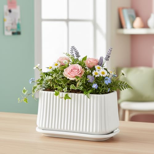 Image of Xtore Contemporary Rectangular Ceramic Planter with Drainage Tray | Ribbed Indoor Flower Pot for Succulents, Herbs, Tabletop Gardens & Modern Home Decor (White, Planter only)