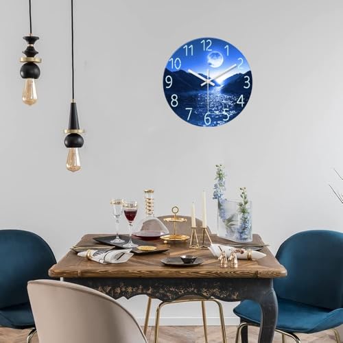 Image of XFM Blue Moon Wall Clock Battery Operated 14 Inch Silent | Non-Ticking Modern Glass Nature Round Analog Decorative for Kitchen Bedroom Living Room Office