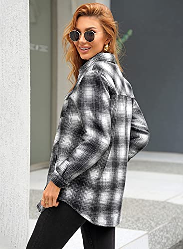 Grapent Women's Casual Oversized Boyfriend Plaid Button Down Long Sleeve Shirt Quilted Lined Shacket Jacket Coat Outerwear Black Color Size Large… #TOP2