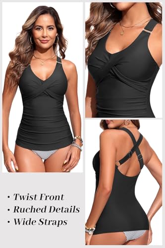 Women Tankini Top Only - Twist Front Tummy Control Swim Bathing Suit Top Adjustable Cross Back No Bottom 20253