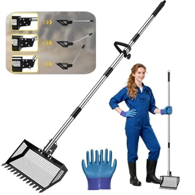 KQPZ 2-in-1 Chicken Poop Scooper & Rake, 3 Angles of Use with 10” Metal Shovel Head, Adjustable Stainless Steel Handle (36–76”), Chicken Poop Scoop for Sand & Bedding