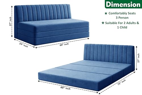 Image of 3-Seater Foldable Floor Sofa Bed with, Modern Velvet Fabric Folding Couch for Living Room, Guest Room & Small Spaces-Blue