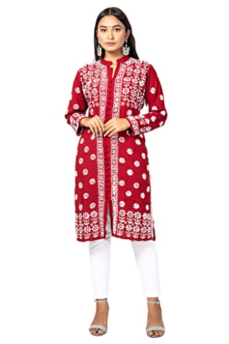 Image of FAWOMENT Women's Hand Embroidered Exclusive Rayon Kurta with Fine Lucknowi Chikankari Kurta Front Open Rose Kurta Women and Girl