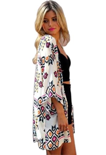 Camisunny Cárdigan de gasa con estampado para mujer, bata tipo kimono, blusa para cubrir el bikini en la playa, Argyle patrón, S