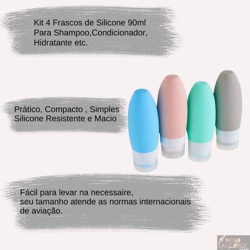 Frascos De Viagem Silicone Reutilizáveis 90ml Kit 4 Recipientes Flexíveis Ideal Para Cosméticos, Sha
