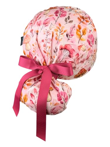 Image of Scrub Cap for Women and Men, Ponytail Scrub Caps, Working Hat, Head Cover with Ribbon Ties and Buttons, Long Hair