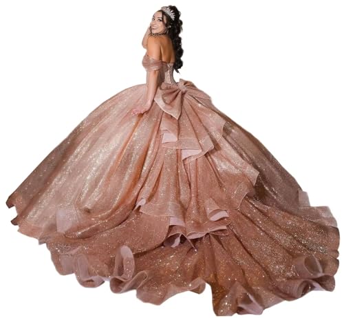 Zhangyo Glitter Tulle Quinceanera Dresses with Bow Puffy Ruffle Layer Sweet 16 Dress with Train Off Shoulder Beaded Ball Gown,Size 4,Rose Gold