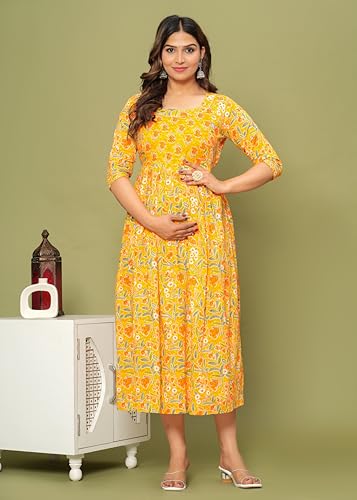 Image of JAIPURFAME Stylish Women's Pure Cotton All Over Printed Kurti Gown, Maternity Dress, and Feeding Dress - Comfortable and Elegant Maternity Wear for Women