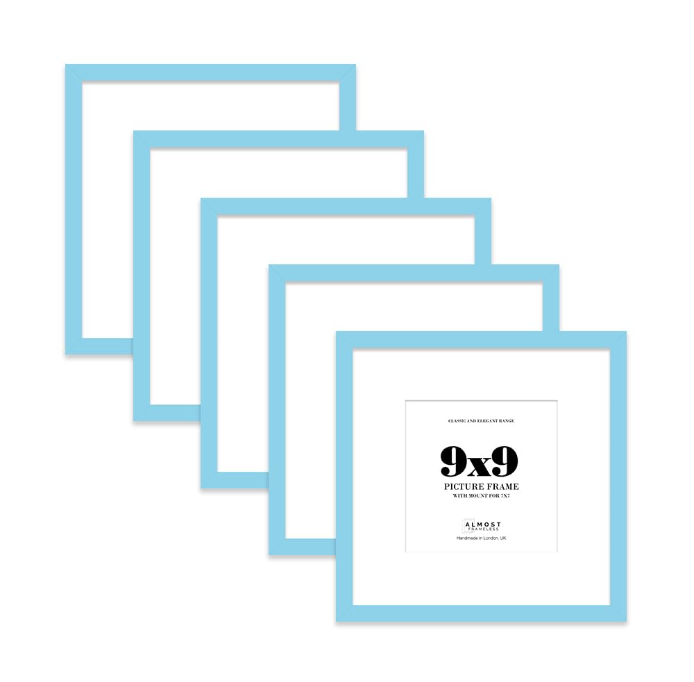 9x9 Light Blue Picture Frame with Mount for 7x7 Photos, Prints - Modern Square Wall Frame, Set of 5