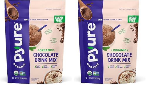 Pyure Organic Sugar Free Chocolate Drink Mix | Low Carb Chocolate Milk Powder with Cocoa | Keto, Vegan, Gluten-Free, Plant-Based | 1 Net Carb, Zero Sugar, Non-GMO, USDA Organic | 7.23 oz (Pack of 2)