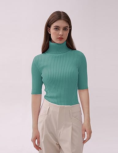 Image of v28 Women Turtleneck 1 /2 Half Sleeve Highly Stretchy Ribbed Knit Fitted Sweater
