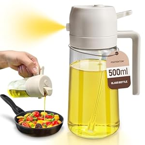 PORTENTUM Spruzzino Olio per Friggitrice Aria 500ml 2 in 1, Dosatore Bottiglia e Oliera Spruzzino olio, Accessori friggitrice ad aria nebulizzatore per Alimenti e Spruzzatore (Bianco)
