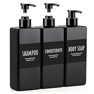 Segbeauty Botella de Bomba Recargable, dispensador de Bomba de 500 ml, Paquete de 3 Botellas de champú vacías de 16.9 oz con Etiquetas, contenedor de loción de plástico, Negro