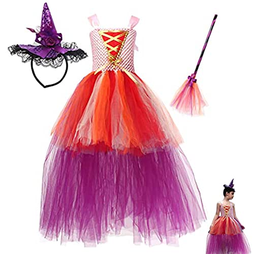 Fantasia de bruxa laranja para crianças | Halloween vestido de bruxa rosa com vassoura,Traje de Hall