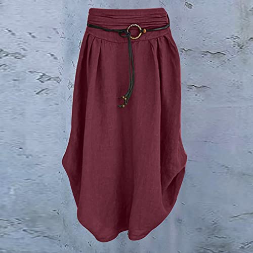 NaRHbrg Women's Cotton Linen Skirts Ladies Fashion Casual Loose Maxi Dress Asymmetrical Hem Sashes Mid-Calf Skirt Wine2