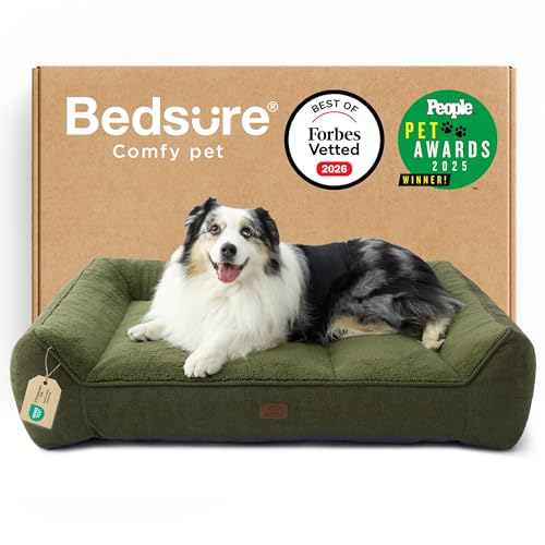 Bedsure Lettino Lavabile per Cani Grande - 106x76cm Divano per Cani Extra Spesso e di Sostegno con Rivestimento Impermeabile, Cuccia Antiscivolo in Peluche Sherpa Morbido, Verde scuro