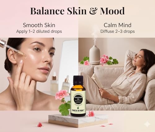 Image of Earth N Pure Geranium Essential Oil | 100% Pure & Natural | Balanced Skin, Healthy Hair & Relaxation | Undiluted | Vegan & Cruelty-Free | 15ml