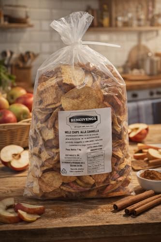 Mele Chips alla Cannella 1 kg, Snack Croccante di Mele Essiccate con Cannella, Frutta Essiccata Dolce e Naturale, Ideale per Spuntini, Colazione, Yogurt e Dessert