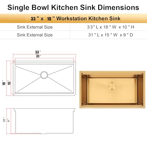 Image of Gold Undermount Kitchen Sink 33 Inch,16 Gauge SUS304 Stainless Steel All In One Workstation Sinks With Full Set Accessories, 33 inch x 18 inch x 10 inch Large and Deep Handmade Single Bowl Kitchen Sinks