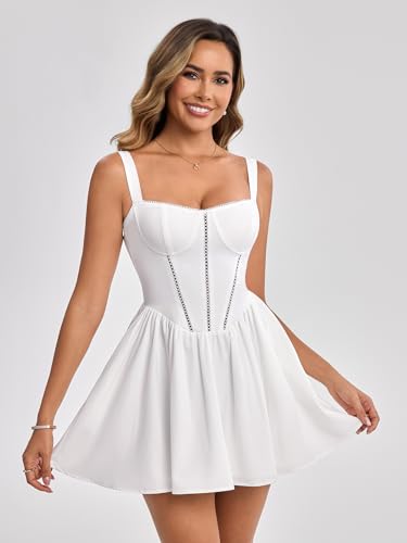 Image of KUTUMAI Floral Corset Mini Dress Summer Flowy A Line Smocked Short Dresses for Women 2025 Sundress with Pockets