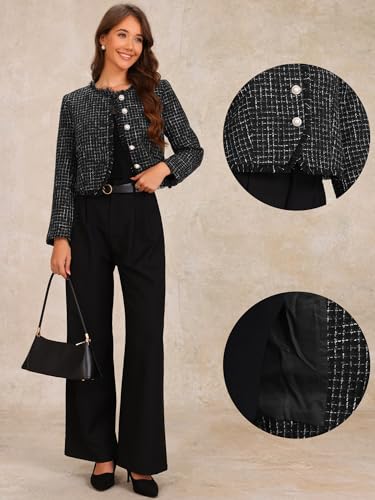 Allegra K Plaid Tweed Jacket for Women's Crew Neck Cropped Button Up Elegant Work Jackets2