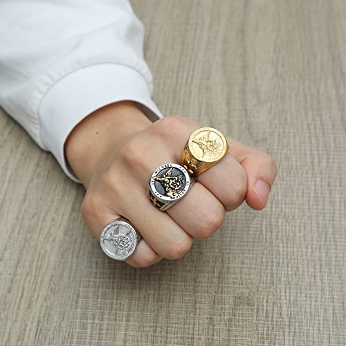 Image of HZMAN St. Michael San Miguel The Great Protector Archangel Defeating Satan Figurine Stainless Steel Amulet Ring