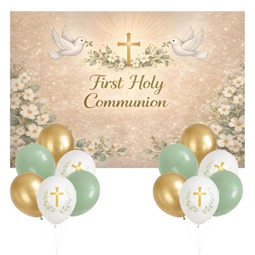 13 Pcs First Holy Communion Decorations First Holy Communion Backdrop Communion Balloons Blue White Bunting Banner Confirmation Decor for Boys and Girls