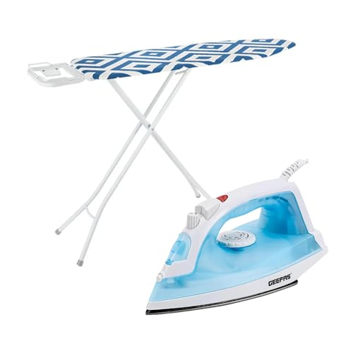 GEEPAS Steam Iron & ROYALFORD Ironing Board Set | 1800W Ceramic Soleplate with Variable Steam Spray Dry Function & 120ml Tank | 114x33cm Adjustable Height Board with Cotton Cover Foldable Rest