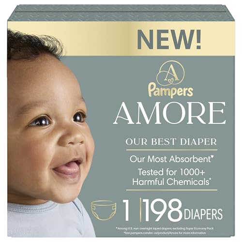 Image of Pampers Amore, Size 1 (8-14 lbs), 198 Count, Our Best Diaper – Hypoallergenic & Fragrance Free, Up to 100% Leakproof, Soft as Cashmere