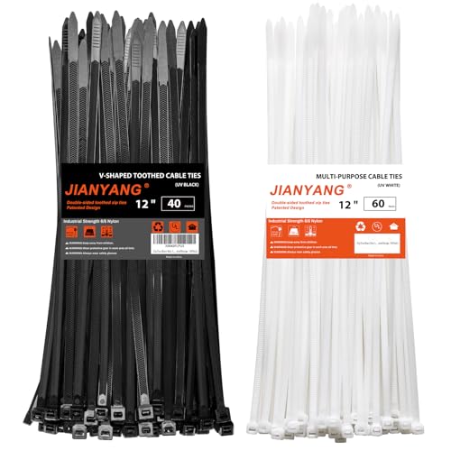 Zip Ties Heavy Duty 12+12 inch V-Shaped Toothed Double Sided With 200 LBS Tensile Strength Cable Ties Extra Large Wire Ties Adjustable Nylon Tie Wraps for Indoor Outdoor Black and White100 Pack