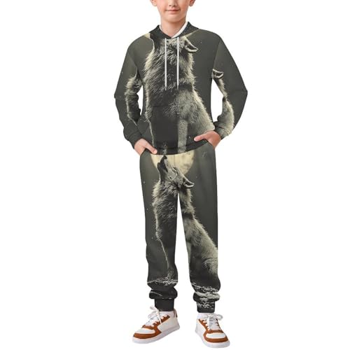 Boys Girls Sweatshirt Set 2 Piece Pullover Hoodie Kid Jogger Sweatpants, Howling Wolf Night Moon