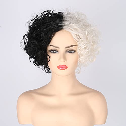 Topcosplay Black and White Wig Short Curly Wig for Halloween