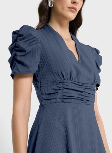 Image of Sugathari Women Women's V-Neck Maxi Dress, A-Line Style, Puff Sleeves, Cinched Waist 246
