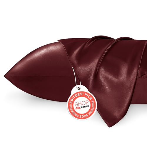 Image of Bedsure King Size Satin Pillowcase Set of 2 - Valentine Pillow Cases for Hair and Skin with Envelope Closure, Similar to Silk Pillow Cases, Gifts for Women Men, Burgundy, 20x36 Inches, 2pcs
