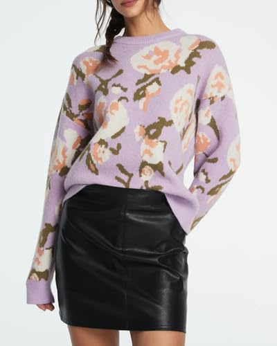 Women's Flower Sweater Crew Neck Casual Long Sleeve Drop Shoulder Pullover Sweaters Knit Top2