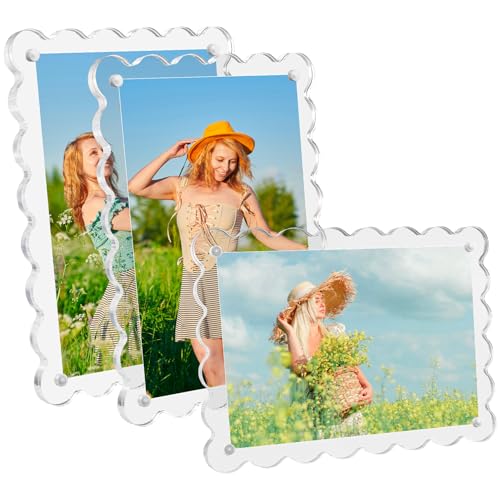 AetJxixee Acrylic Picture Frames 3 Pack 5x7 Scalloped with Detachable Brackets, Vertical and Horizontal Tabletop Display, Clear Magnetic Photo Frames for Home/Party/Wedding