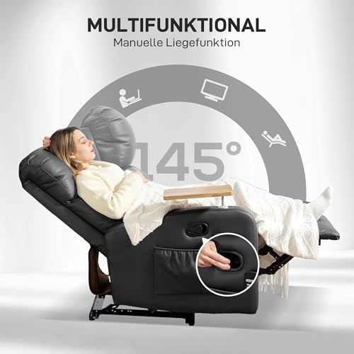 HOMCOM Relaxsessel mit Massagefunktion, Fernsehsessel mit Liegefunktion, Drehbarem Tisch, Massagesessel, Ruhesessel mit Fernbedienung, Feder, Seitentasche und Becherhalter, Mikrofaser, Schwarz – Bild 6