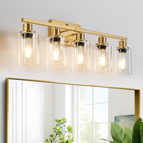 Image of MOKATNG 5-Light Bathroom Light Fixtures, Vanity Light with Clear Glass Shades, Brushed Gold Bathroom Light Fixtures Over Mirror, Modern Bathroom Wall Lamp for Mirror Living Room Cabinet Bedroom