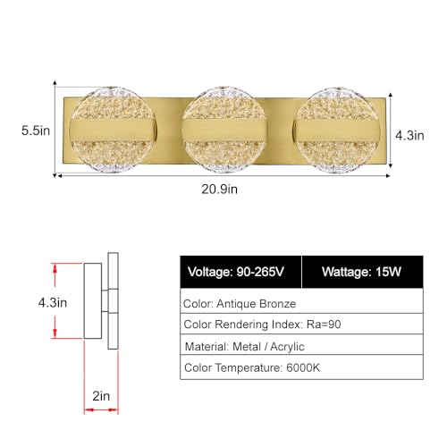 Image of Luxury Brushed Gold Bathroom Vanity Light with High CRI 90+ LED for True Colors, 15W 6000K Cool White Modern Bathroom Lights Fixture Over Mirror for Makeup & Shaving
