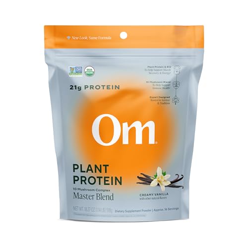 OM MUSHROOM SUPERFOOD Master Blend Vegan Protein Organic Vanilla Plant Protein Powder GLP-1 Friendly Excellent Source of Protein Good Source of Fiber 10 Functional Mushrooms 16 Servings