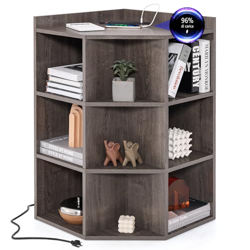 COSTWAY Mobile ad Angolo a 3 Livelli in Legno, Libreria Angolare Aperta con Stazione di Ricarica 9 Cubi 2 Porte USB e 4 Prese, Adatto per Spazi Ridotti, 51x71,5x86 cm (Marrone)