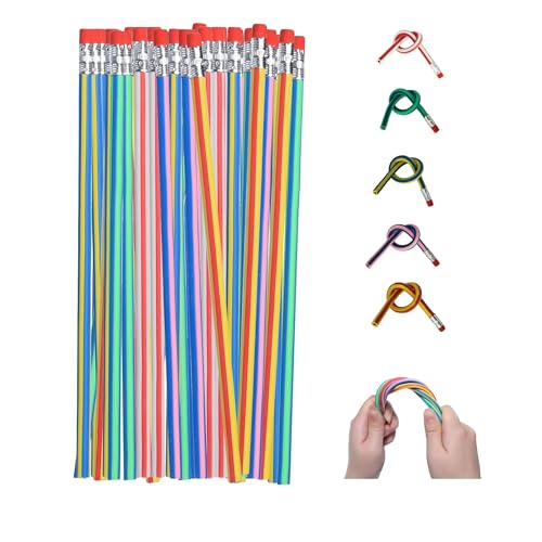 QDXATIVP 60PCS Bendy Fun Pencils for Kids Magic Bendable Flexible Colorful Stripe Soft Rubber Pencils with Erasers for Classroom Gifts Goodie Bag Fillers Back to School Supplies (bendy60)