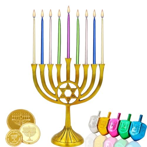 The Dreidel Company 45 Metallic Hanukkah Frosted Premium Tapered Hand Decorated Chanuka Candles (Multicolor Metallic) (10-Pack)